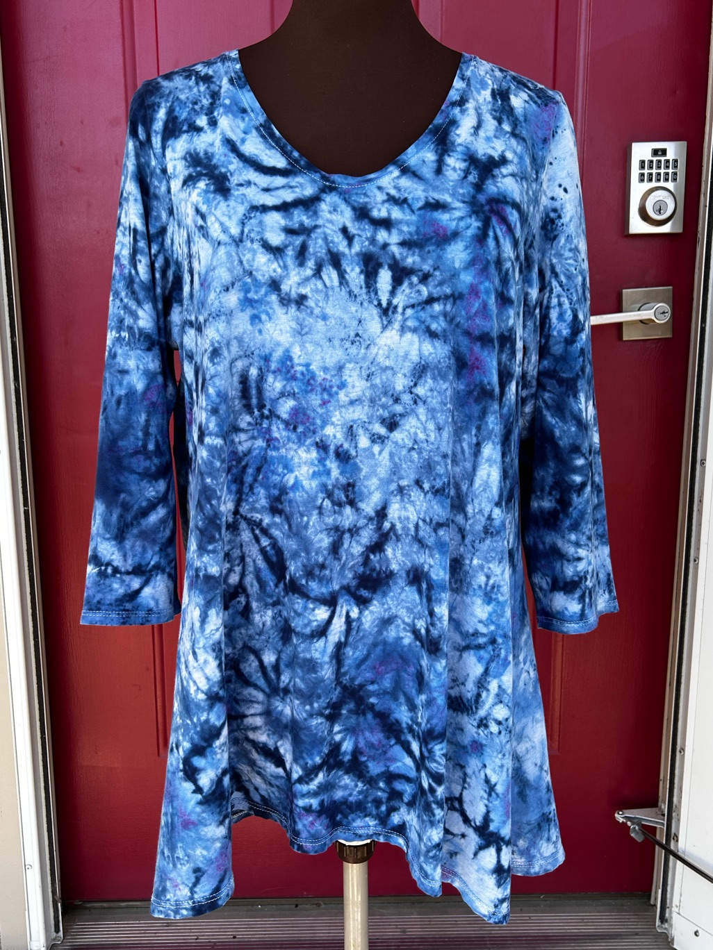 J Jill Sm Tie-Dye Blue Women's V-Neck Tunic Top-Soft Pima Cotton-Ltwt/Flowy